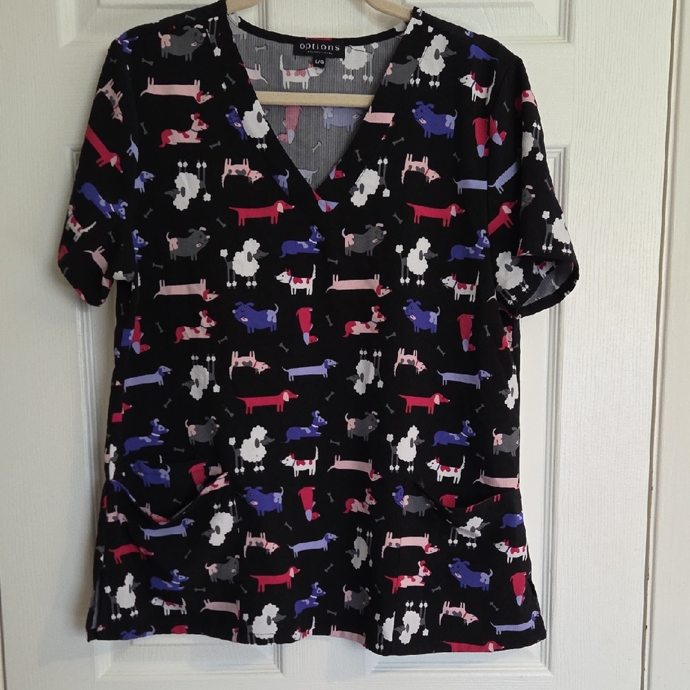 Options Black V-Neck Scrub Top with Colorful Dog Print